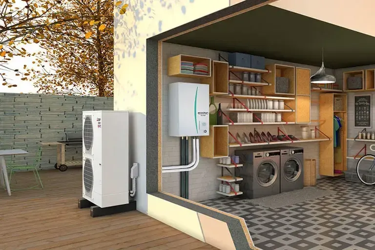 Illustration en coupe d'un garage avec le groupe extérieur et le module intérieur d'une pompe à chaleur