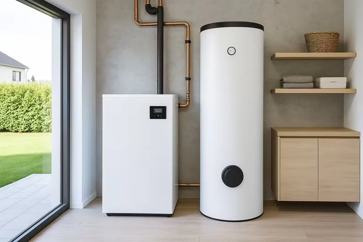Module intérieur et ballon d'eau chaude d'une pompe à chaleur air-eau dans une pièce technique
